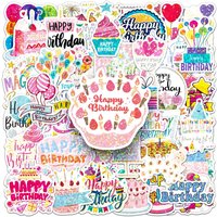 50 PCS Flash Film Laser Happy Birthday Creative Stickers For Atmosphere Decoration Decorate Water Cup Phone Waterproof Decals