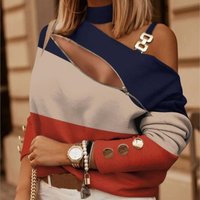New Spring Summer Women's Fashion Printed Shirt With Zipper Metal Buckle Sexy Off Shoulder Casual Loose Long Sleeve Shirt