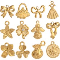 3Pcs Bowknot/Angel/Four Leaf Clover/Flower Charm Stainless Steel Pendant DIY Handmade Craft Necklace Bracelet Jewelry Making