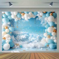 Balloon stars, blue sky, white clouds, photography background, home interior wall decoration banner, birthday party supplies