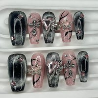Y2K Black Pink 3D Love Diamond Star Cross Glitter Handmade Press On Nails Cat Eye Fake Nails Long Coffin Nail Reusable Removable