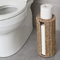 Independent Iron Toilet Paper Holder, Handwoven storage basket, No-Drill Bathroom Organizer with Cup Holder
