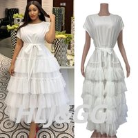 HLJ Elegant Solid Dresses Women Short Sleeve Round Neck Self Tie Waist Belt Multi Layer Ruffle Tulle Tiered Cake Long Dress New