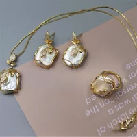 Natural Irregular Baroque Freshwater Pearl Rose Leaf Jewelry Set Women Cubic Zirconia Necklace Ring Earring Women Party Jewelry
