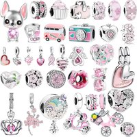 925 Silver Pink Enamel CZ Charms Beads Chihuahua Dog Coffee Cup Camera Scooter Cherry Blossom Flower&Heart Women Jewelry Gifts