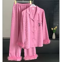Female 2PCS Pajamas Set Spring Autumn Feathers Long Sleeve Trouser Suits Sleepwear Fashion Sexy Rayon Hot Pink Leopard Homewear