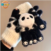 AliExpress NONE Cute Panda Plush Knitted Five Finger Gloves for Women in Winter, Touchable Screen for Student Cycling, Warm and Thick
