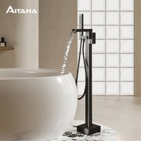 AITANA luxury black brass floor standing bathroom faucet with waterfall water outlet design, hot and cold bathtub Mixer