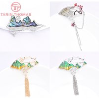 (10317) 1Piece 24K Gold Color Brass Vintage Landscape Painting Folding Fan Shaped Brooch High Quality Jewelry Making Accessories