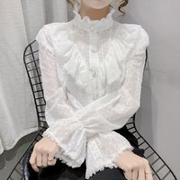 Koreanischen Stil Rüschen Nähte Spitze Bluse Mode Lange Hülse Lose Chiffon Hemd Elegante Stehkragen Plissee Tops Blusas 15832