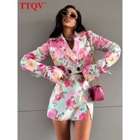 TTQV Fashion Pink Print 2 Pieces Set For Woman Elegant Long Sleeve Button Crop Shirts And High Waist Side Slit Mini Skirts Set