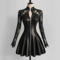 Elegant PU Leather Women’s Dress Solid Color Lace Patchwork Mesh Long Sleeve Zipper Bodycon Dress A-Line Party Sexy Mini Dresse