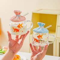 Cute Goldfish Print Glass Mug With Shaped Lid And Straw Heat Resistant For Coffee Tea Milk Breakfast Cups Drinking Glass