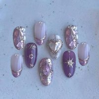 30pcs Star Moon False Nails Glossy Purple Crystal Sequins Design Fake Nail Tips Wearable Detachable INS Fashion Press on Nails