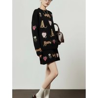 Adorable Dual-Color Cartoon Animal Set Women's Loose Slimming Sweater And A-Line Skirt Two-Piece Autumn Winter Fashion