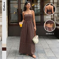 Chic Sexy Dresses Women 2026 Summer Retro Vacation Style Pendulum Long Dress Striped Suspender Backless Hollow Dress Y2K