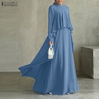 ZANZEA Women Elegant Long Sleeve Muslim Abaya Dress Robe Femme Stylish Ruffled Maxi Dresses Solid Loose Ramadan Sundress Kaftan