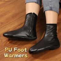 Women men Simple Anti-slip Zipper PU Foot Warmers Thicken Warm Winter PU Floor Socks Windproof Soft Thick Mid-calf Socks