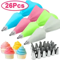 Good 26/8pcs Silicone Pastry Bag Kitchen DIY Icing Piping Cream Reusable Pastry Bag With 24 Nozzle Sets Cake Decorating Tools