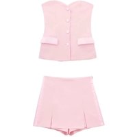 HH Summer Women Elegant Pink Shorts Skirts Sets Front Button Tube Tops Slim Slit Shorts Culottes Female Fashion Streetwear