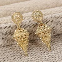 Vintage Copper Golden Stud Antique Ethnic Style Filigree Drop Earrings, KC Golden Plated Boho Statement Gold Stud Drops