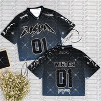 Aespa Karina Y2K Streetwear Kpop Jersey T-shirt Rock Print Short Sleeve Unisex Tee Fashionable Korean Pop Culture familyMatching