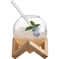 * Hot Sale Cocktail Glass Cup With Wood Stand Creative Bar Glassware Drink Cup Ronud Ball Cocktail Mug Fruit Moon Juice Tumbler