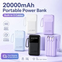 20000mAh Portable Power Bank Built-in 3 Cables Rechargeable External Battery Pack with Digital Display for iPhone Android