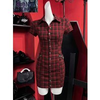 Summer American Dark Gothic Punk Dress Women's Casual Short Sleeve Single Breasted Plaid Mini Dress Harajuku Fashion Y2K Dress