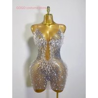 Luxury Sexy Women Mesh Crystal Diamonds Mini Dress Birthday Party Costume Nightclub Stage Performance Singer Outfit image 3