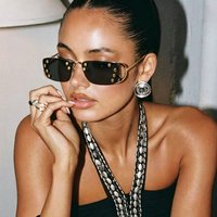 Retro Y2K Style Studded Rimless Sunglasses Thin Metal Temple Rectangular Shades UV400 Fashion Eyewear for Women Sun Glasses
