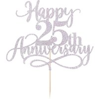 Silver Glitter Happy 25th Anniversary Cake Toppers, Wedding Anniversary Party, Company Anniversary Party