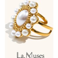 La. Muses Acrylic Pearl Stainless Steel Women's Open Ring PVD Gold Plated Fashion Jewelry Accessories
