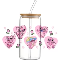 Disney Cartoon Stitch Angel Heart Cup Wrap Sticker 16oz UV DTF Waterproof Sticker for Glass Coffee Cup Decorationcraft Supplier