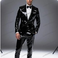 Black PU Leather Men Suit Formal Occasion Groom Groomsman Wedding Party Prom Male Business Tuxedos 2 Piece Set Blazer Pants