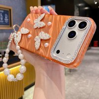 Diamond Butterfly Cases For iPhone 17 Pro Max Pearl Bracelet Cover Funda For iPhone 16 Pro 15ProMax 14Pro 13Pro 12 Luxury Cases