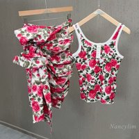 2026 French Riviera-inspired Rose Print Cami Top, Tie-waist Bow Skirt, Two-piece Set, Effortlessly Chic Powerful,Buy Separately