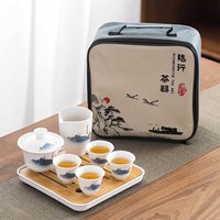 Ceramic Chinese Kung Fu Tea Set,Portable Handmade Tea Pot With 4 Tea Cups,Gaiwan Tea Tray,Suitable For Travel Camping