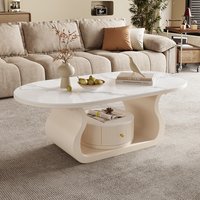 Cream-colored oval slate coffee table, modern luxury-style side table for the living room