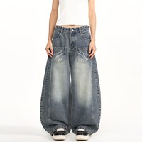 Mens Womens Design Sense Front Patch Pocket Laser Print Curved Arc Deconstructed Loose Jeans