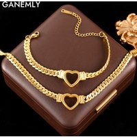 GANEMLY 316L Stainless Steel Hollow Heart Necklace Bracelets Waterproof Jewelry Charm Metalic Gold Color Chain Fashion Lady Gift