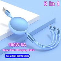 100W 6A Fast Charging Cable 3 In 1 Retractable Easy Storage For Samsung Xiaomi 13 USB C Micro Phone Charger Cord For IPhone13 14