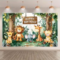 Wild animal jungle birthday background, photography backdrop with punch hole, cartoon zoo party decoration
