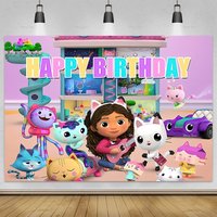 Cartoon Gabby Dollhouse Children Birthday Party Supplies Decoration Background Girl Baby Shower Pink Toy Photo Shoot Banner Prop