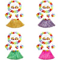 Girl's elastic Hawaiian hula dancer grass skirt with flower costume set -purple pink green Birthday Tropical Party Decora 40cm