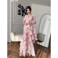 Summer Women's Layered Ruffle Edge Dress French Fashion Elegant Retro Palace Style Lady Printed V-neck Short Sleeve Dresses