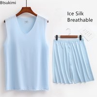 2026 Men's Summer Pajama Sets Breathable Ice Silk Sleeveless Tops Shorts Two Pieces Male Cool Comfortable Home Pijama Sets L-5XL