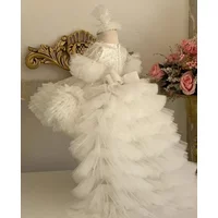Luxury White Tulle Fluffy Flower Girl Dress for Wedding Full Sleeves With Long Tailing Party Dress Kids Birthday Party Gowns