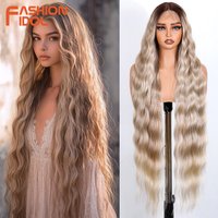 FASHION IDOL 36inch/90cm Water Wave Part Lace Wigs Synthetic With Baby Hair Wigs For Women Ombre Brown Natural Wave Wigs Cosplay