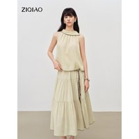 ZIQIAO Color-blocked Embroidered Linen Halter Neck Sleeveless Loose Top and A-line Skirt Set for Women 2026 Summer New Style
